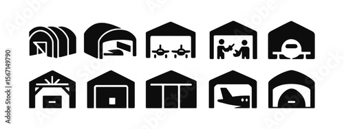 Hangar, aviation silhouette icon set. aircraft, warehouse symbols collection