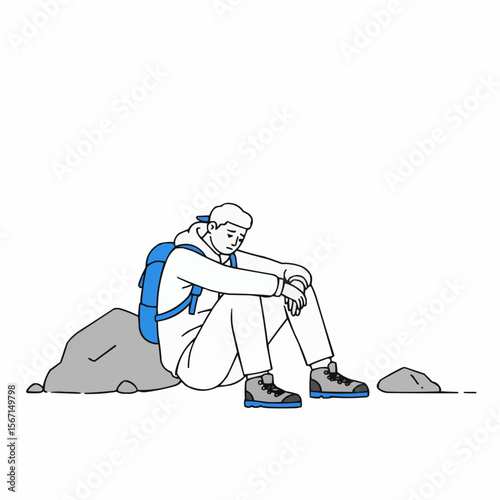 Tired hiker resting on rock with backpack in outdoor setting  