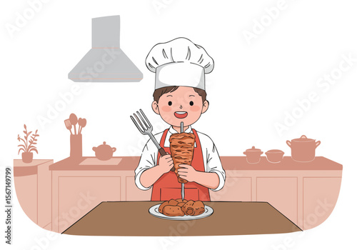A cheerful young boy proudly holds a kebab, wearing an apron and chef's hat in a cozy kitchen setting.  Bright, joyful illustration.