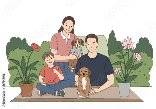 A happy family enjoys a sunny day with their adorable puppy. A young boy sits, while parents smile, creating a heartwarming family portrait with a floral backdrop.
