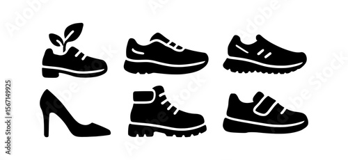 Footwear, shoes silhouette icon set. sneakers, boots, heels silhouette collection
