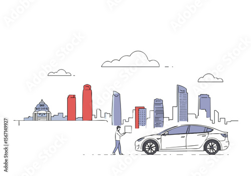 A man presents a car to a customer amidst a city skyline, showcasing a sales surge. Modern, vibrant illustration with a focus on business and automotive themes.