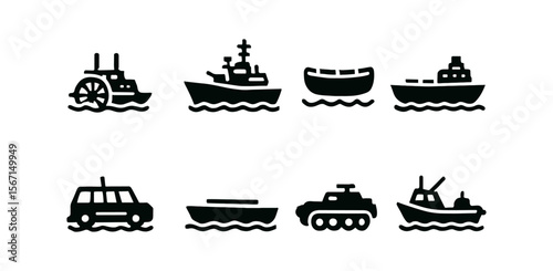 Transportation, nautical silhouette icon set. vehicles, boats, ships silhouette collection