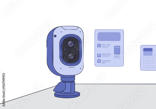 A modern FSD OD Camera is displayed in a studio setting, showcasing its dual lens design and connection to a control panel. Clean lines and a professional aesthetic.