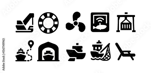 Marine and fishing solid icon set. nautical, sea, and boat icons solid collection