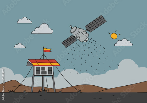 A monitor fire satellite transmits data over a rural landscape, illuminating a watchtower. A clear, modern illustration style.