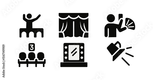 Entertainment and theater solid icon set. performance, backstage, show icons collection