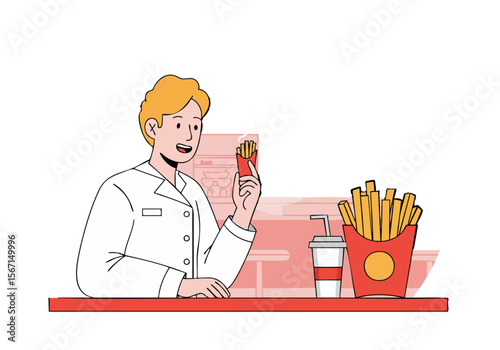 A smiling young professional enjoys fries at a fast-food restaurant. Bright, modern illustration style. Focus on the food and happy expression.