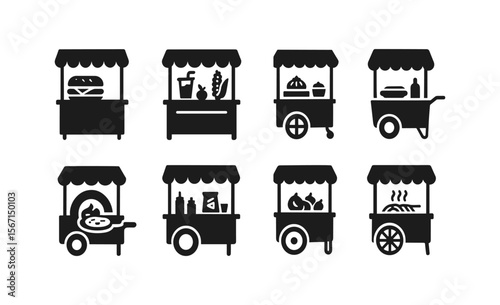 Food and street vendor solid icon set. market, cart graphics in silhouette style
