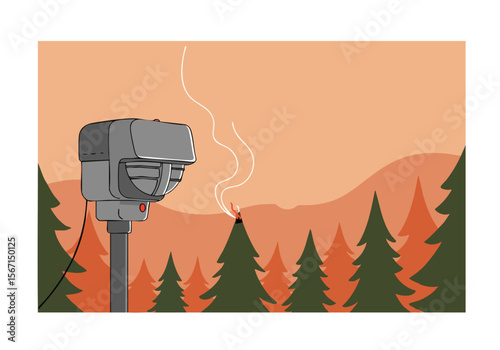 A surveillance camera detects smoke rising from a forest fire. Dramatic landscape backdrop. Suitable for conveying alerts and environmental concerns.