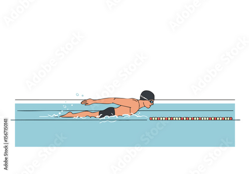 A swimmer executes a butterfly master stroke in a pool, showcasing dynamic movement and clear lane markings. Modern, clean illustration style.