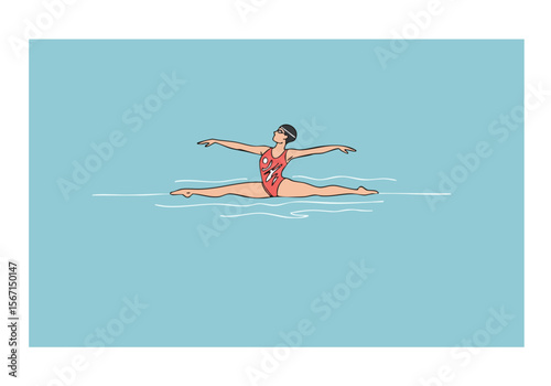A female synchronized swimmer executes a graceful split in a pool, demonstrating perfect form. Clean lines and a bright blue background create a visually appealing and dynamic image.
