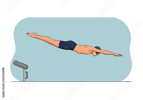 A male swimmer executes a dive from a high board, poised for entry into the water. Dynamic action shot, clear composition, vibrant colors.