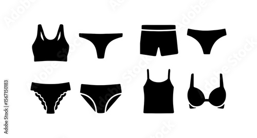 Underwear silhouette icon set. clothing, fashion essential symbols collection