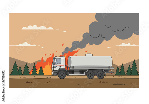 A water tanker truck battles a wildfire, releasing smoke. Dramatic scene with a clear foreground and background. Suitable for conveying urgency and disaster themes.