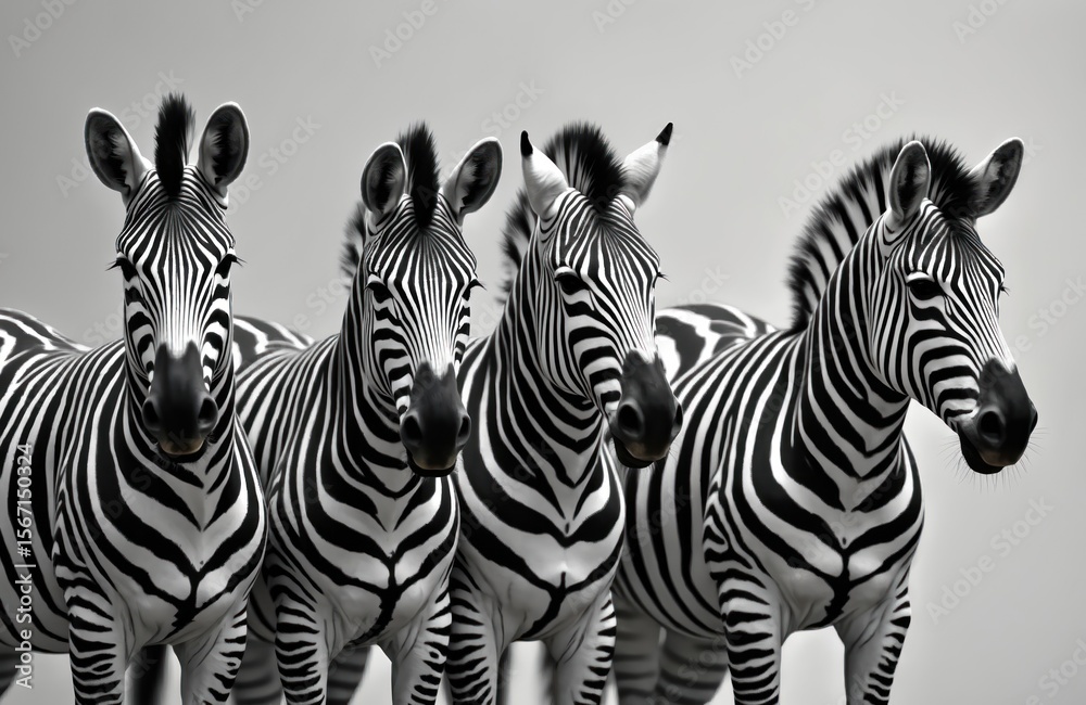 Fototapeta premium Group of zebras stand, showcase striking black-and-white striped pattern. Illustration, painting style. African animals, monochrome, neutral background. Wildlife art, nature, animal theme. Perfect