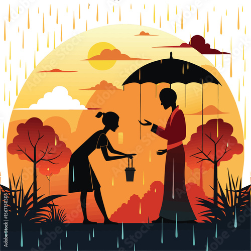 This collection of images depicts illustrations related to rain, including raindrops, umbrellas, and cloudy skies