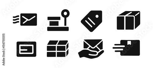 Mail and package solid icon set. postal, communication, delivery, shipment symbols.