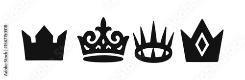 Crown and tiara silhouette icon set. royalty symbols, simple vector designs