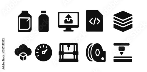 Technology, data management solid icon set. software, cloud storage, backup icons