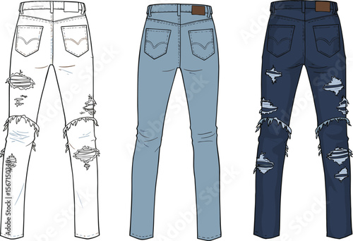 Technical fashion sketch, denim jeans back view, white blue variants, distressed and clean styles, patch detail, pocket layout, garment template, black white drawing, vector illustration