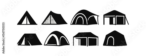 Camping, outdoor silhouette icon set. tent, nature adventure icons for download