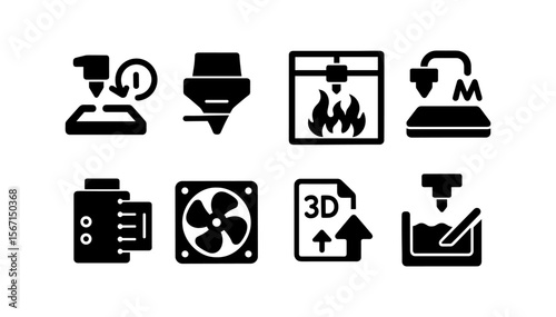 3d printing silhouette icon set. technology, industrial symbols in silhouette style