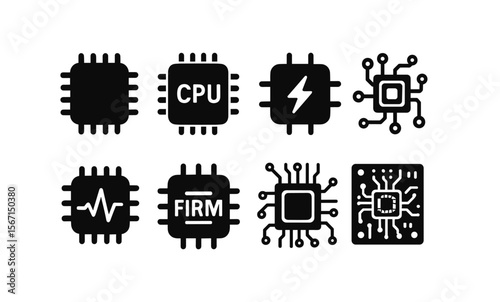 Technology and circuit solid icon set. electronics, cpu, microchip graphic icons