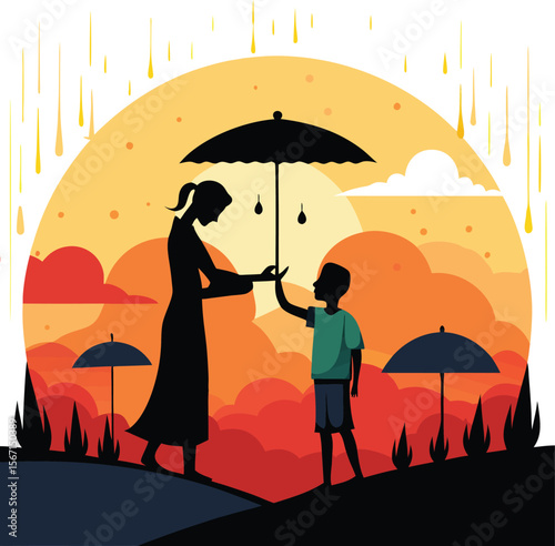 This collection of images depicts illustrations related to rain, including raindrops, umbrellas, and cloudy skies