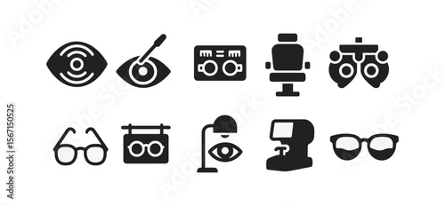 Vision care solid icon set. optometry, eyewear, eye health icons solid collection