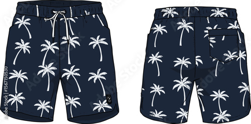 Technical fashion sketch, tropical shorts design, palm tree print, drawstring waistband, rear pocket, front back view, casual beachwear, vector apparel, black white illustration
