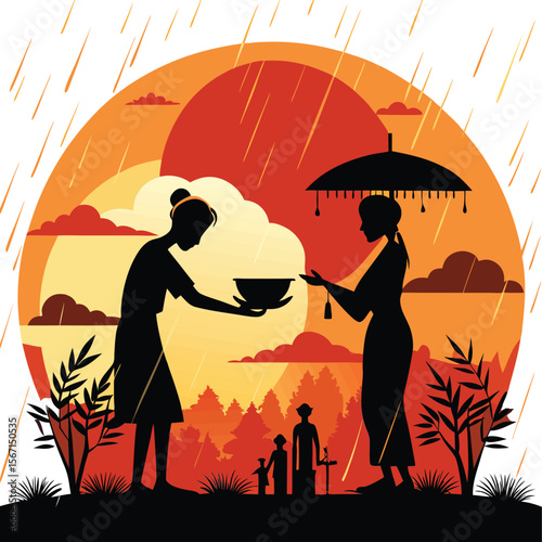 This collection of images depicts illustrations related to rain, including raindrops, umbrellas, and cloudy skies