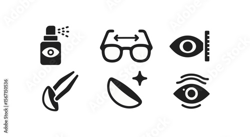 Vision care solid icon set. glasses, contact lenses, eye health symbols collection