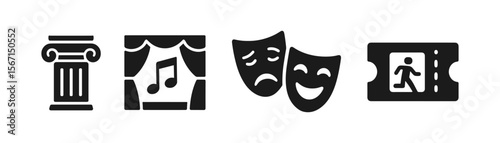 Theater and performing arts solid icon set. drama, music, stage, entertainment icons