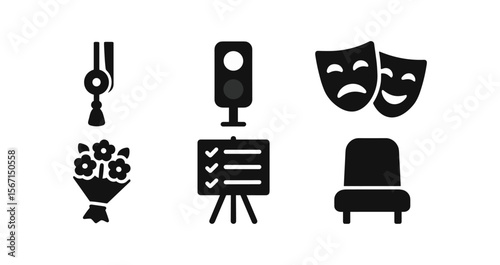 Theater, performance silhouette icon set. drama, stage elements collection