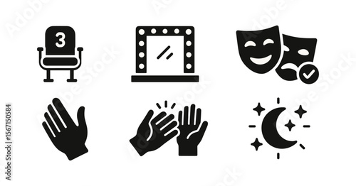 Theater and entertainment solid icon set. drama, performance, stage art collection