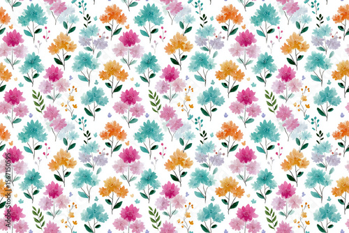 Seamless Watercolor Floral Pattern with Colorful Wildflowers on White Background