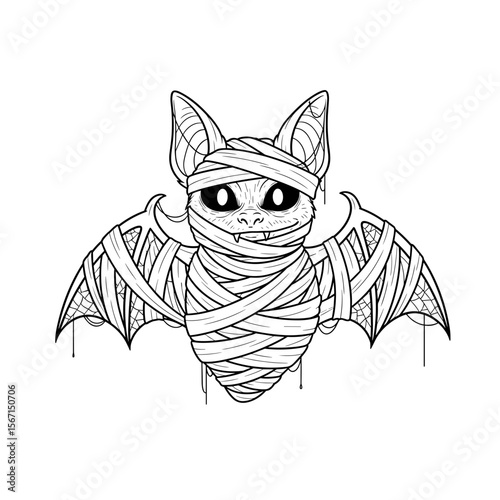 Mummy bat wrapped in bandages, playful expression, black and white illustration, Halloween theme