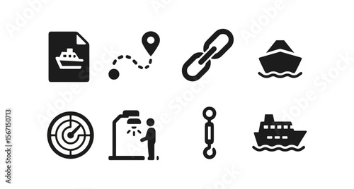 Nautical and maritime solid icon set. boat, navigation, and shipping graphics arranged
