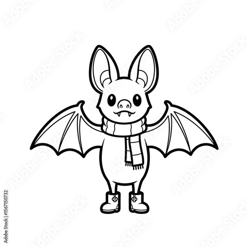 Adorable bat dressed in a scarf and boots, cheerful expression, black and white illustration, whimsical style