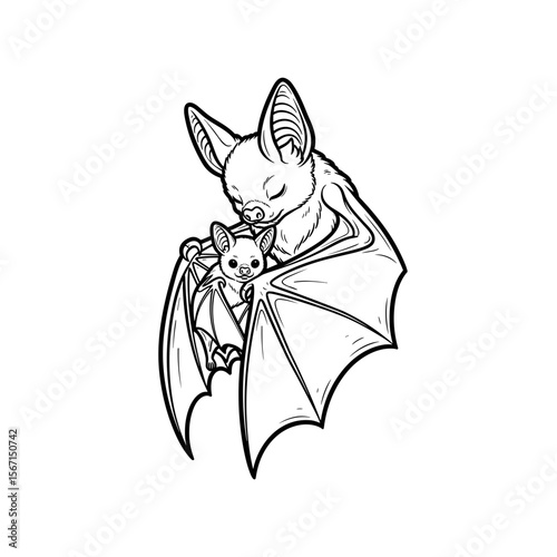 Mother bat cuddling her baby bat, nurturing expression, black and white illustration, tender moment