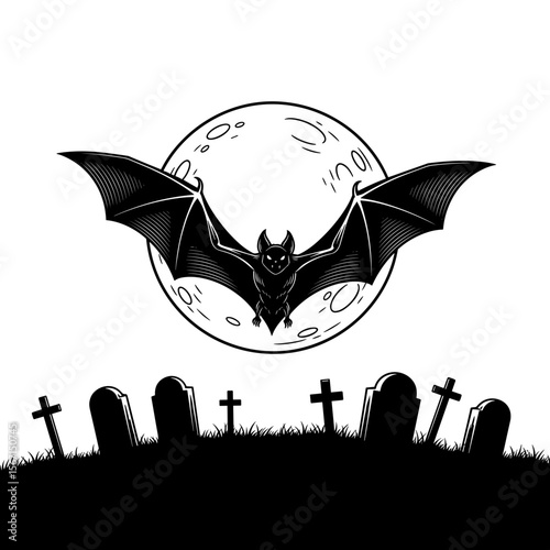 Bat flying in front of a full moon over a graveyard, spooky atmosphere, black and white illustration, Halloween theme