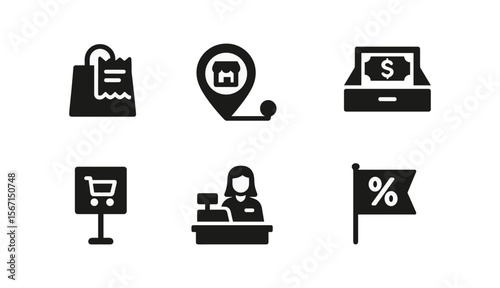 Shopping and retail solid icon set. transaction, checkout, bag, cart symbols collection