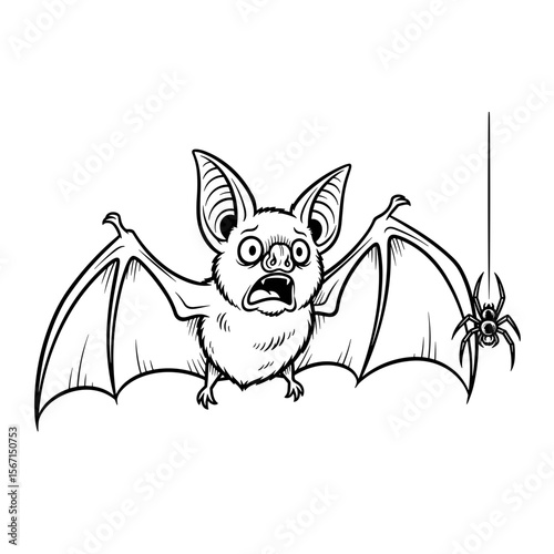 Surprised bat startled by a spider, funny expression, black and white illustration, humorous concept