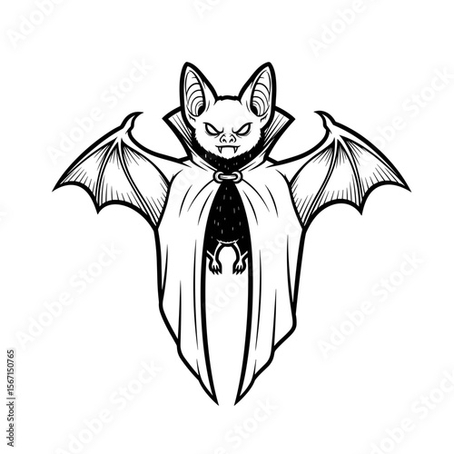 Bat character in a cape with a villainous expression, black and white illustration, spooky concept