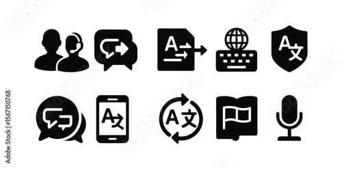 Translation, language solid icon set. communication, interpreter icons solid collection