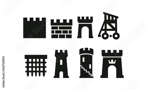 Medieval castle silhouette icon set: towers, walls, and siege engines in silhouette