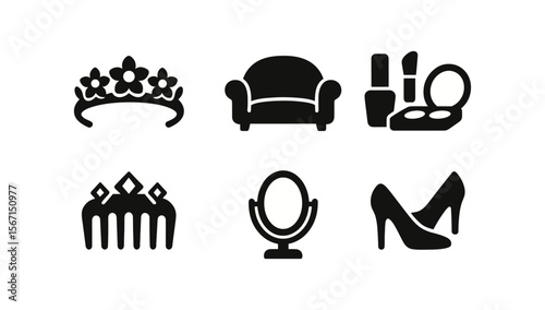 Beauty and fashion solid icon set. cosmetic, clothing, accessory icons collection