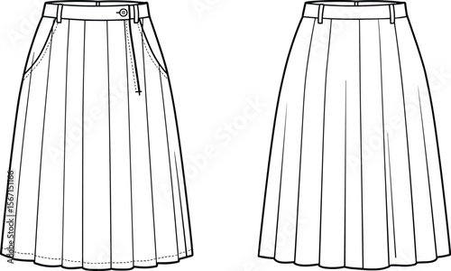 Technical fashion sketch, pleated skirt design, waistband with belt loops, button closure, zipper detail, side pockets, front view, vector drawing, black white illustration