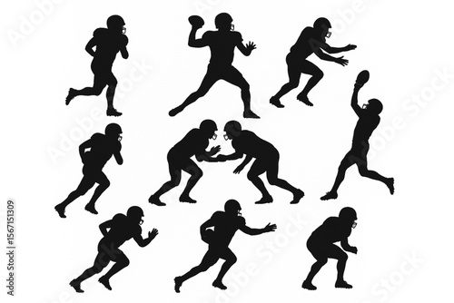 American Football Player Silhouette Vector Set – Dynamic Action Poses on White Background